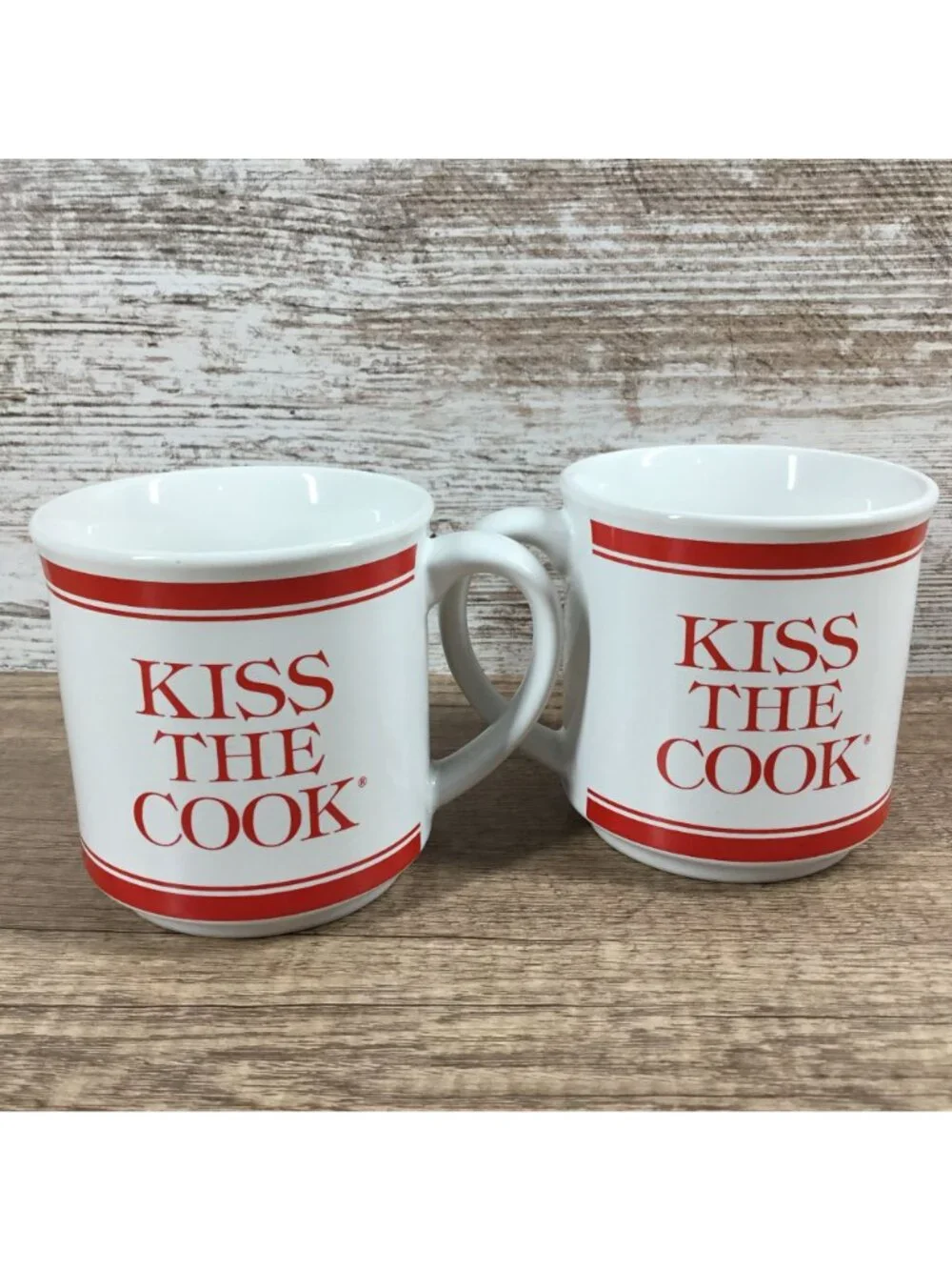 Kiss The Cook Red White Ceramic Coffee Mugs Set Of 2 Farmhouse Kitchen Drinkware